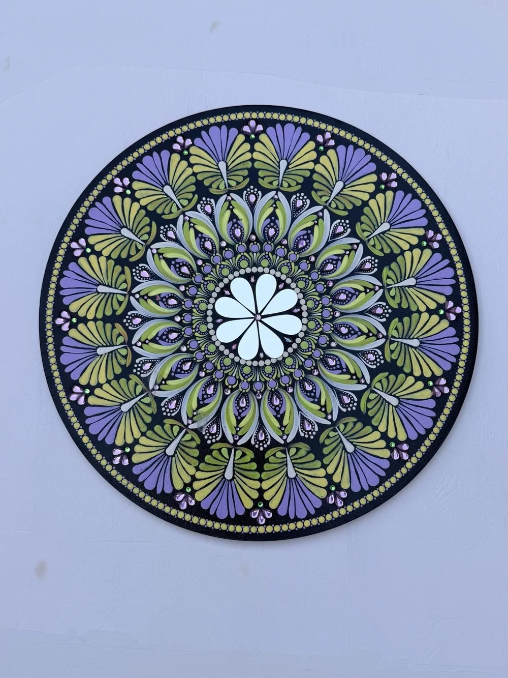 10” Hand Painted Birch Wood Mandala Wall Art Crystal Dot Painting Decor.